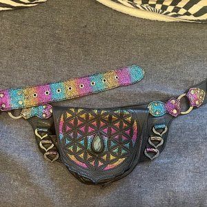MYSTIC FABLES LEATHER Rainbow Flower of Life Leather Pocket Belt Fanny Pack